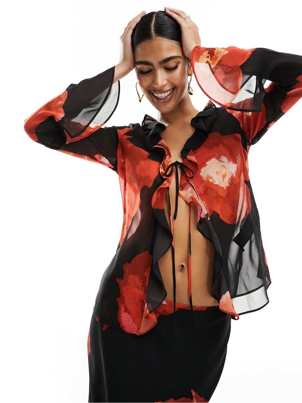 ASOS Red Black Floral Ruffle Tie-Front Blouse